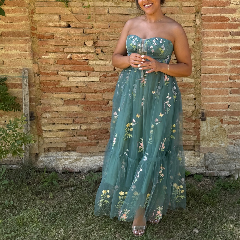 Floral Teal Strapless Fit & Flare Dress